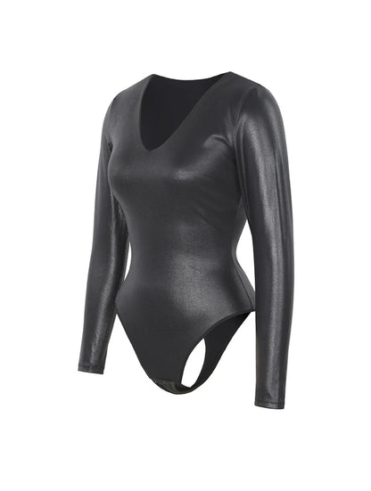 Leather Look Long Sleeve Bodysuit
