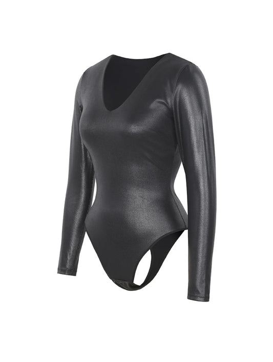 Leather Look Long Sleeve Bodysuit